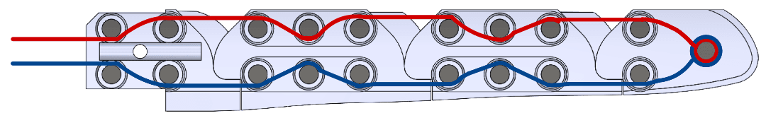 CAD section of a robotic finger showing two tendons routed over steel pins along opposite sides of the joints to the fingertip.
