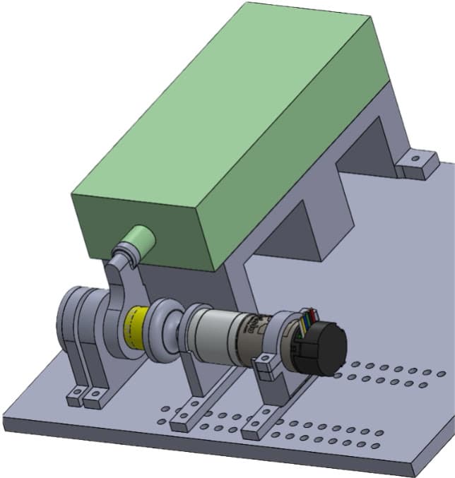 CAD model of the torsional test bench: force gauge in green, silicone element in yellow, 3D-printed supports in grey, DC motor at the right.