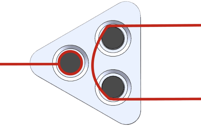 CAD view of the triangular whippletree part with three tendon guides and a red tendon routed through it.